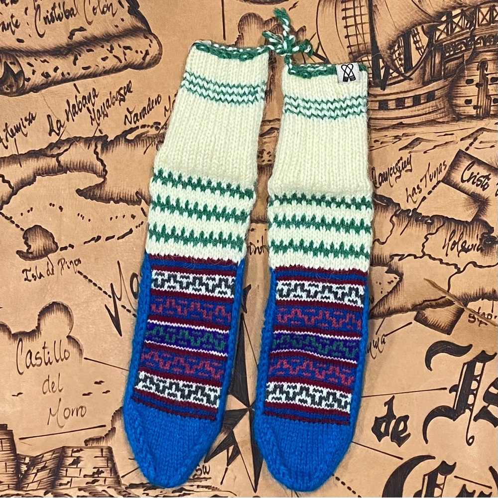 Handmade women wool knitted cream, blue, green slippers. Size S. NWT.